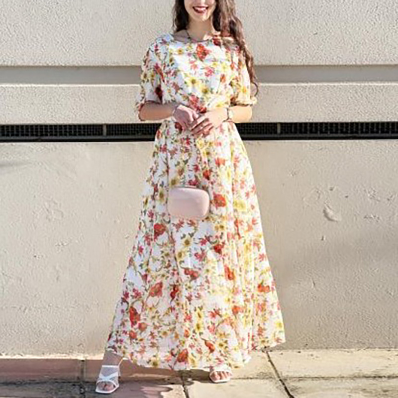 Half-sleeve round neck floral chiffon dress