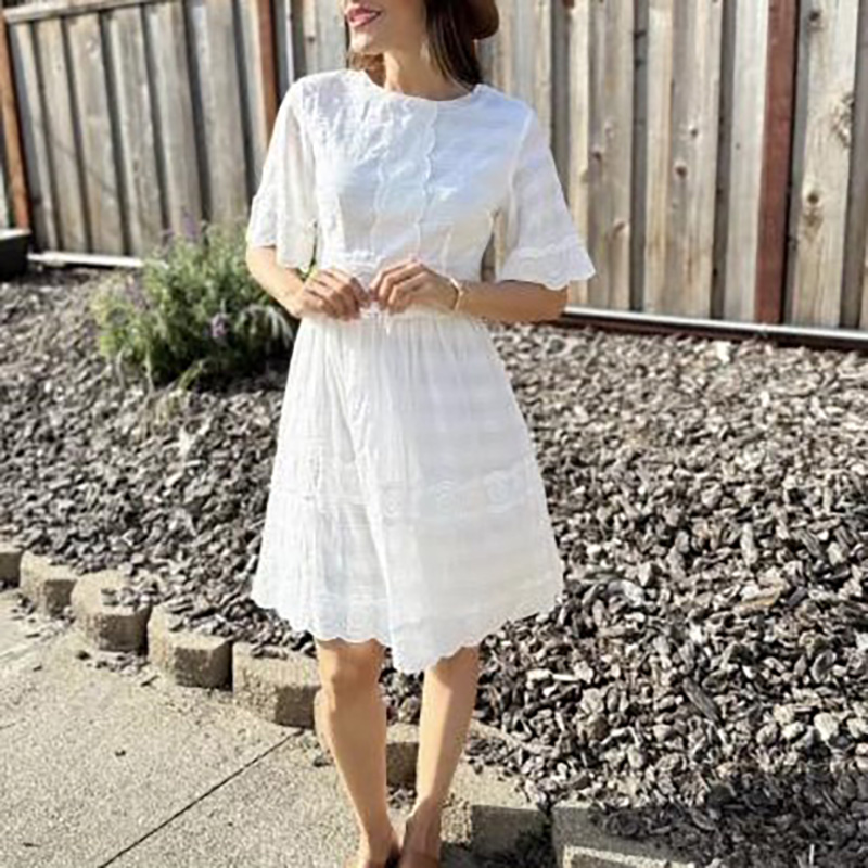 Short Sleeve Round Neck White Rayon Zipper Mini Dress