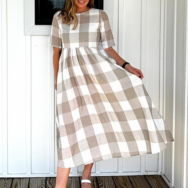 Half Sleeve Round Neck Taupe Waisted Plaid Pocket Dress