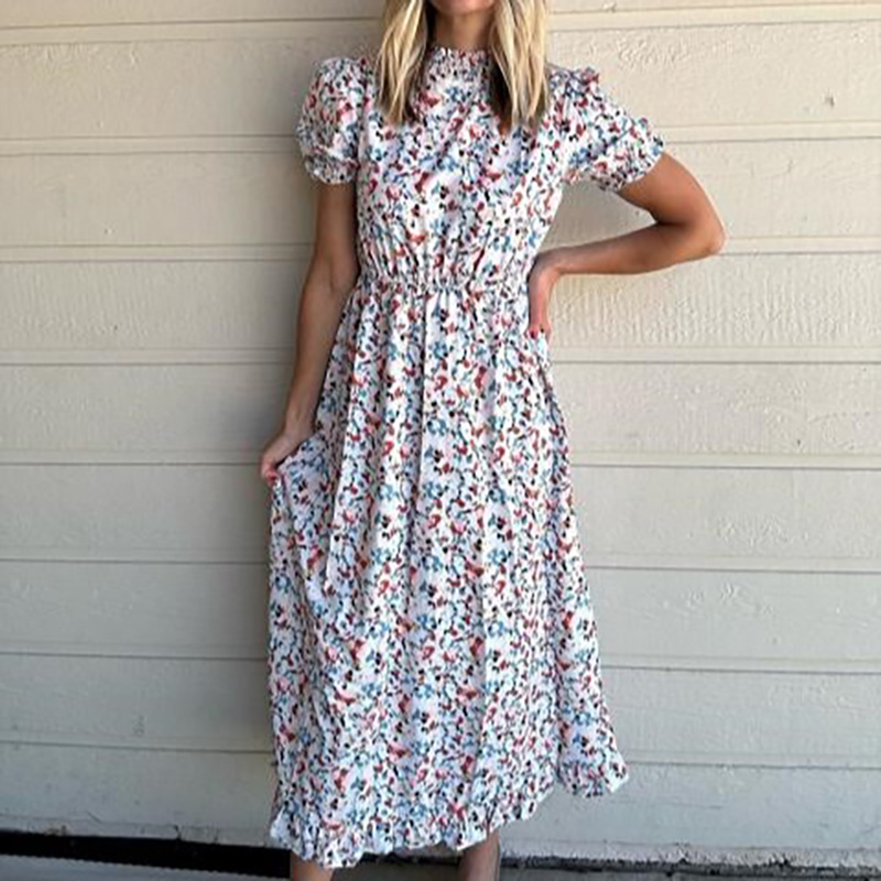 Short Sleeve High Ruffle Neck Floral Dress