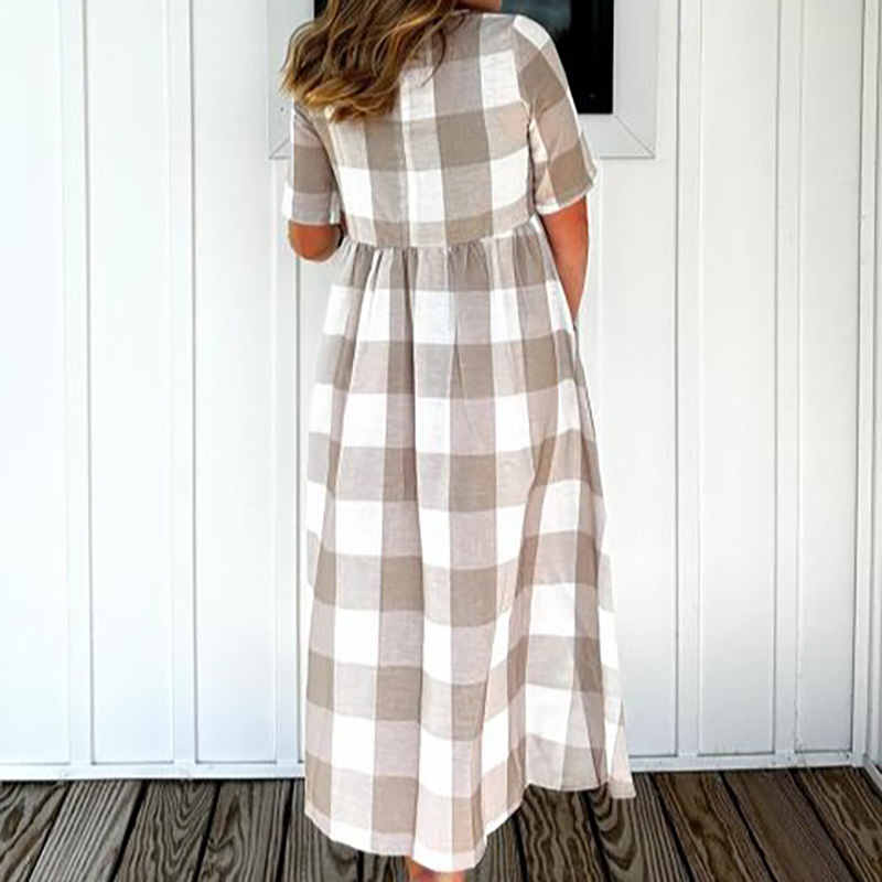 Half Sleeve Round Neck Taupe Waisted Plaid Pocket Dress