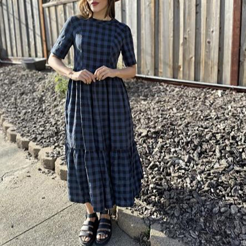 Short Sleeve Round Neck Navy Plaid Cotton Dress