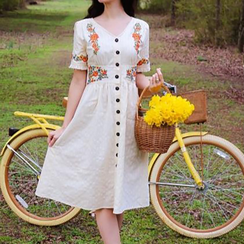 V Neck Half Sleeve White Cotton Embroidered Halter Dress