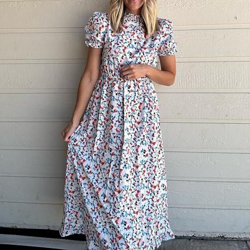 Short Sleeve High Ruffle Neck Floral Dress