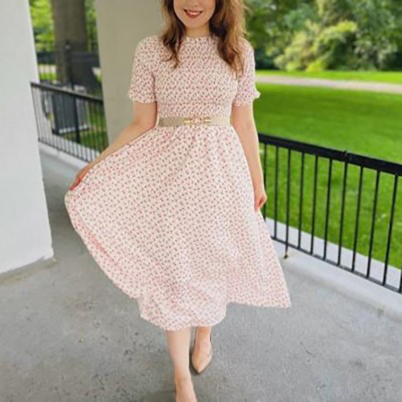 Short Sleeve High Neck Ivory Floral Blouse Midi Dress