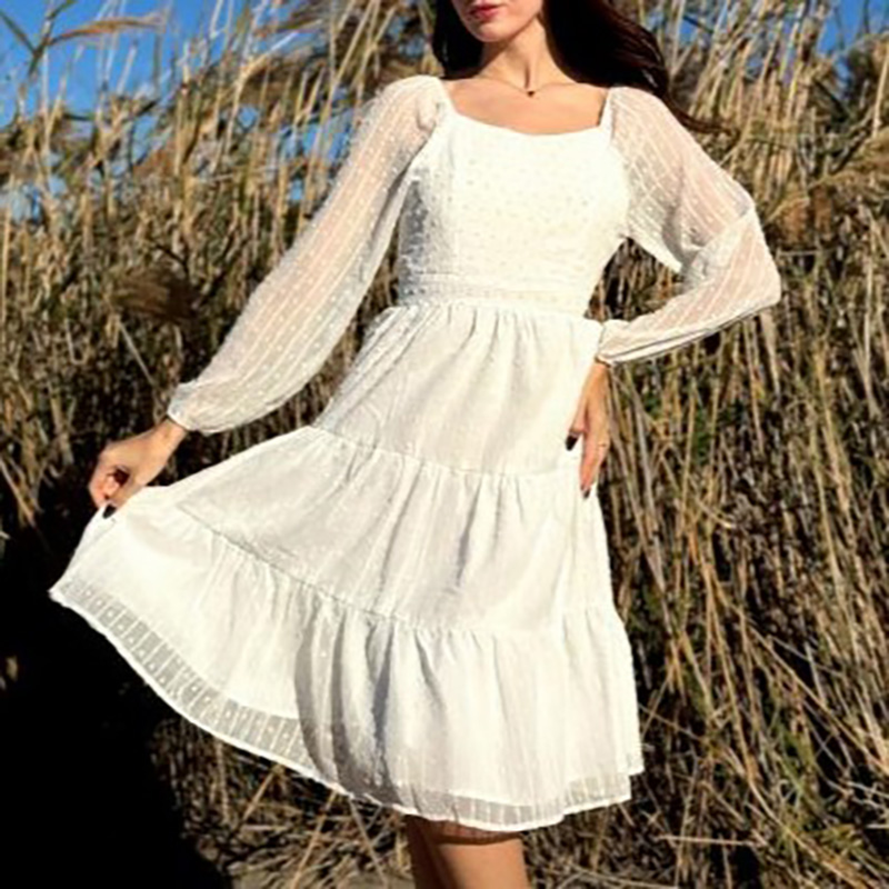 Long Sleeve Square Neck White Swiss Dot Midi Dress