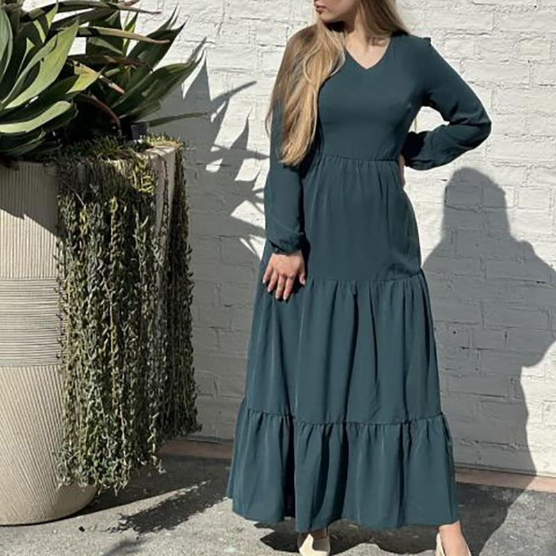 Solid Color Long Sleeve V-Neck Tiered Dress