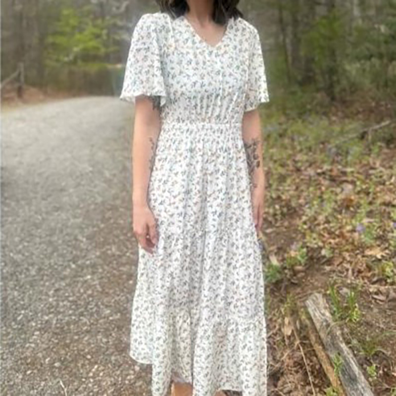 V-Neck Cascading White Floral Short Sleeve Dress