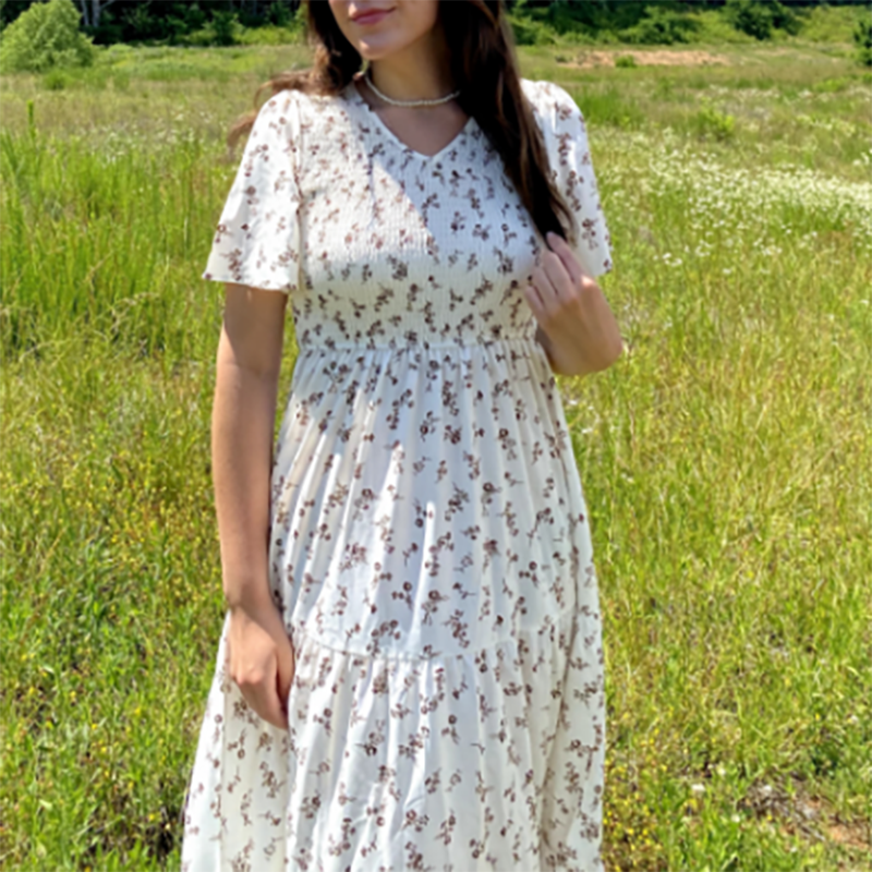 Short Sleeve V-Neck Floral Flared Tiered Dress