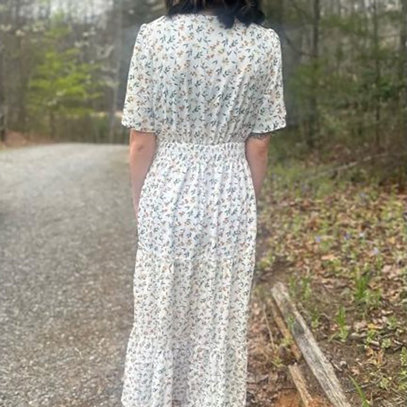 V-Neck Cascading White Floral Short Sleeve Dress