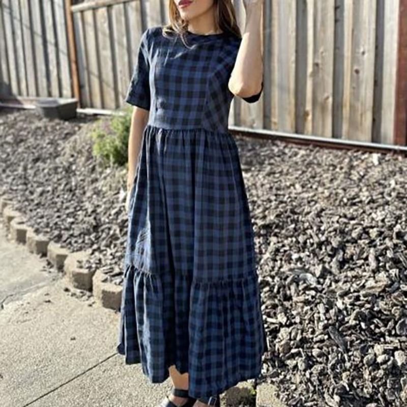 Short Sleeve Round Neck Navy Plaid Cotton Dress