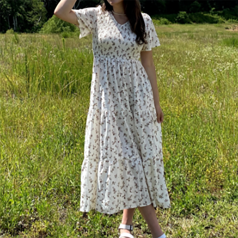 Short Sleeve V-Neck Floral Flared Tiered Dress