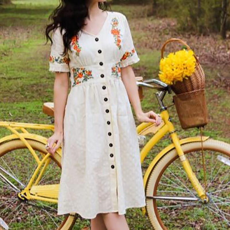 V Neck Half Sleeve White Cotton Embroidered Halter Dress