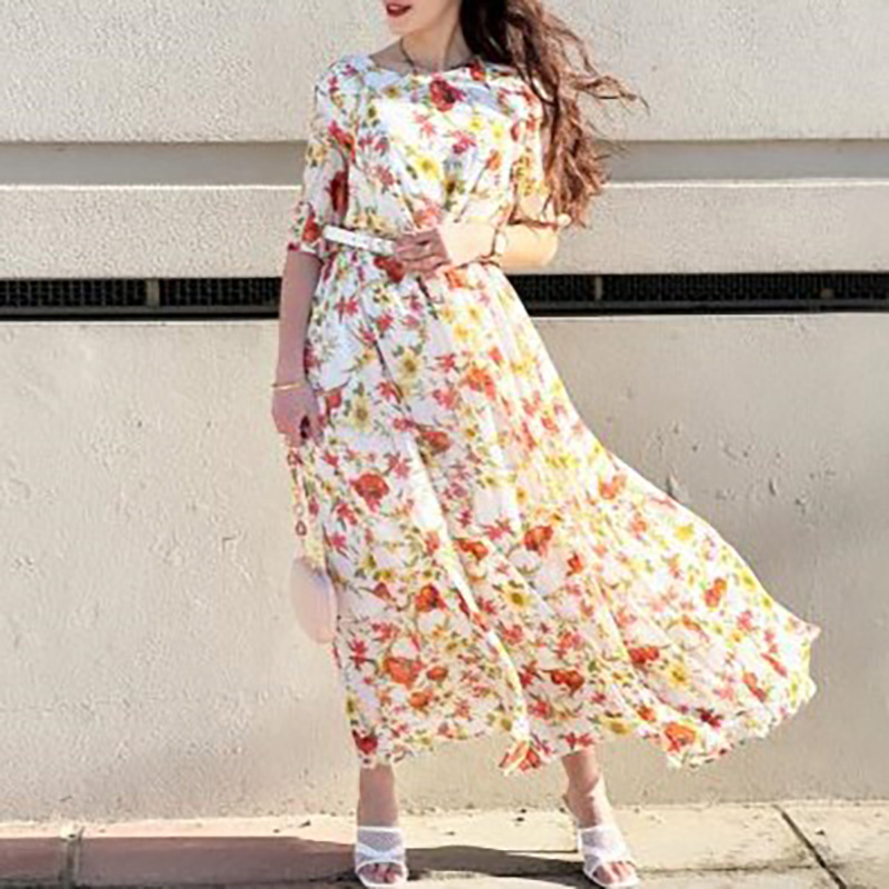 Half-sleeve round neck floral chiffon dress