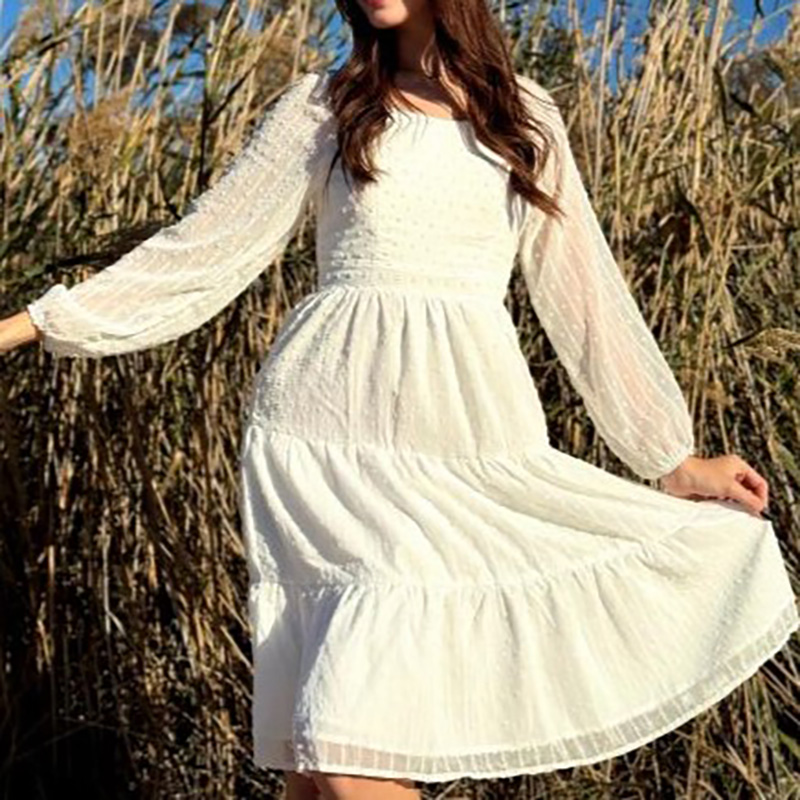 Long Sleeve Square Neck White Swiss Dot Midi Dress