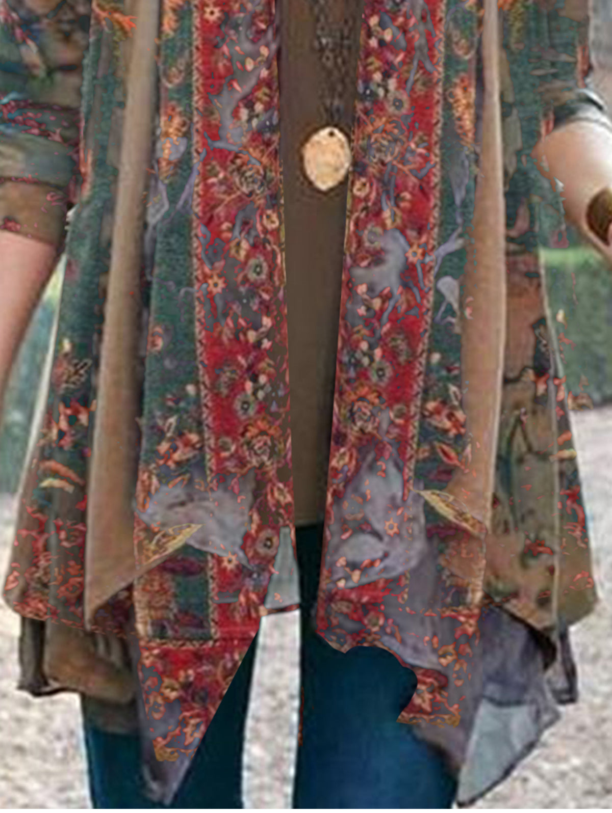 UR Ethnic Style Printed Long Sleeve Irregular Hem Cardigan