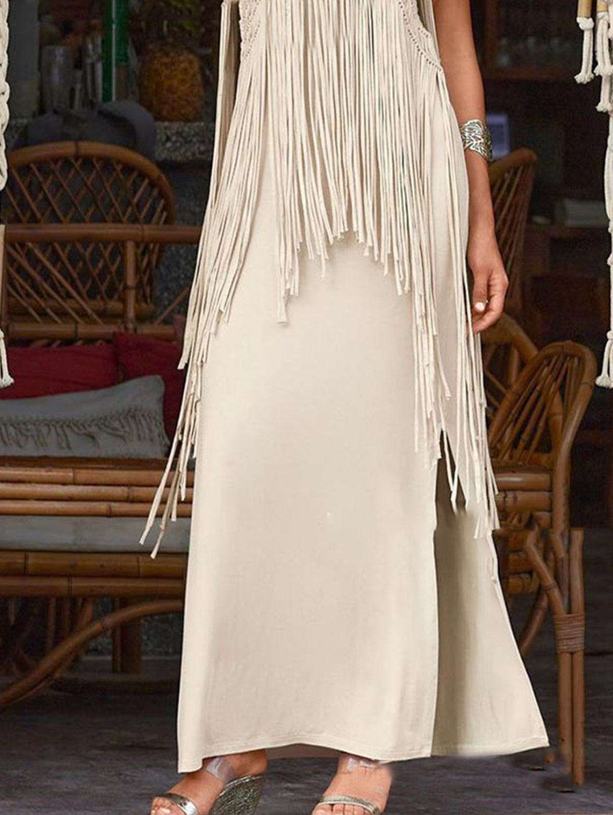 Sexy V-neck Fringe Detail Side Slit Dress