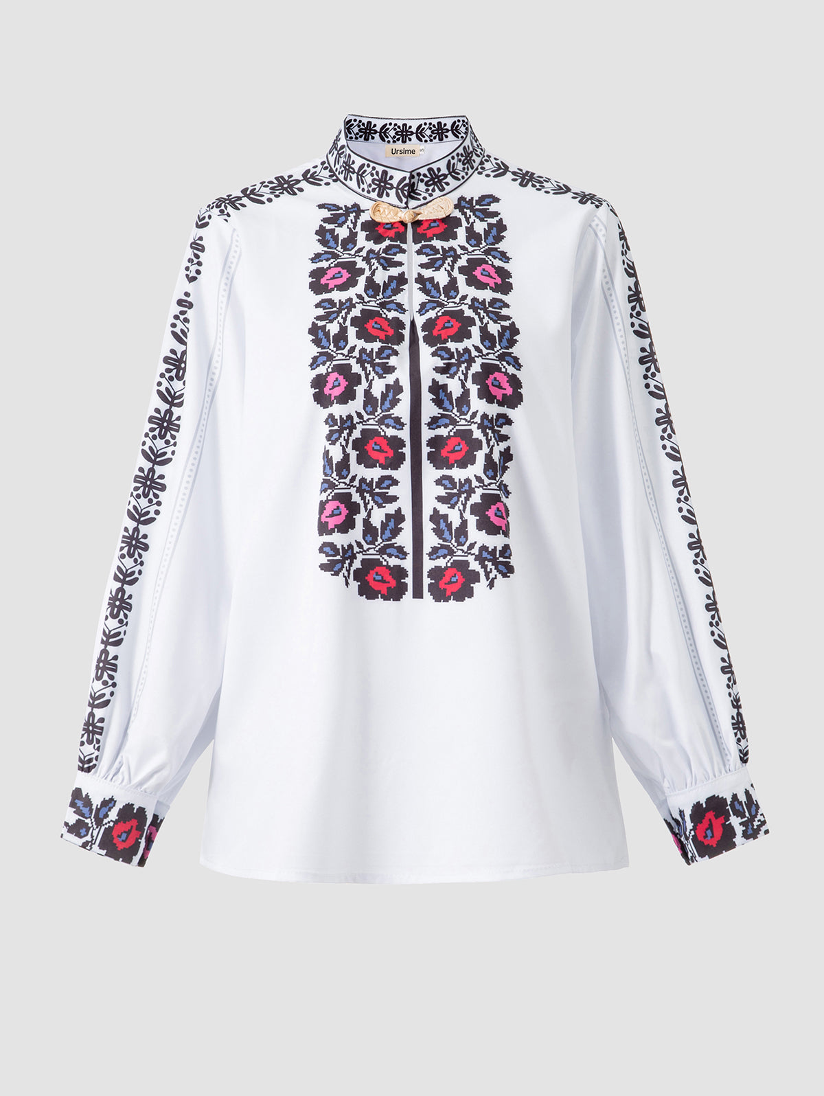 Stand Collar Floral Print Lantern Sleeve Top