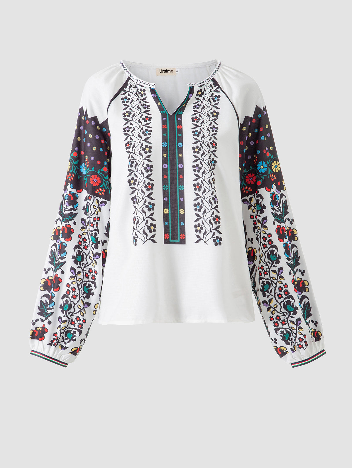 Notched Neck Floral Lantern Sleeve Blouse