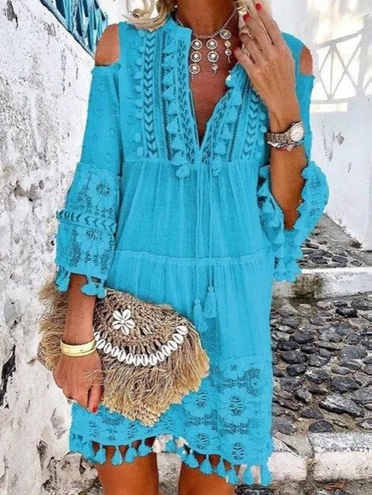 Women's Elegant Lace Fringe Stitching Shift Dress