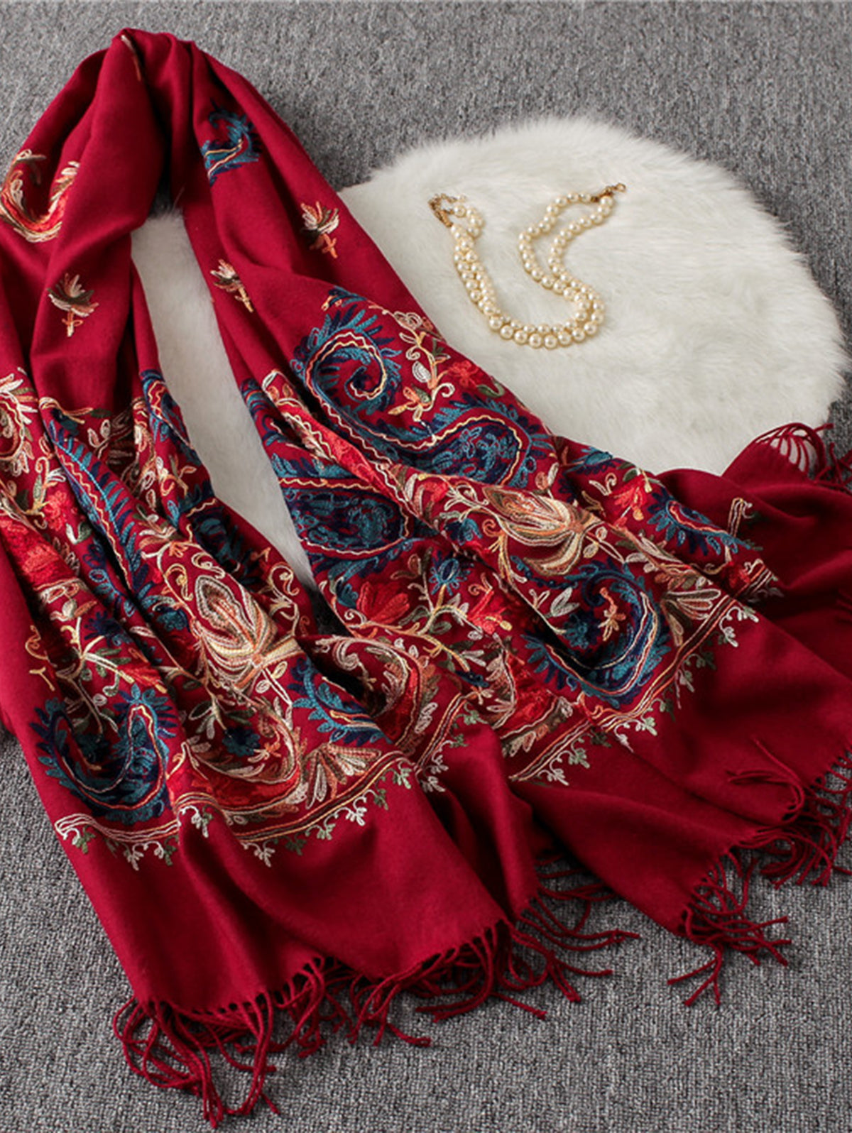 Embroidery Paisley Pattern Fringed Scarf