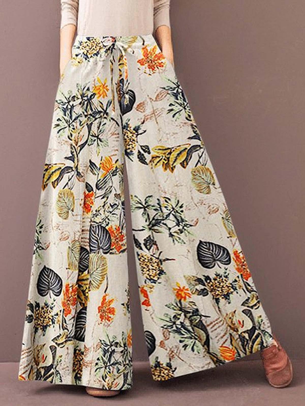 Floral Print Drawstring Casual Wide Leg Pants