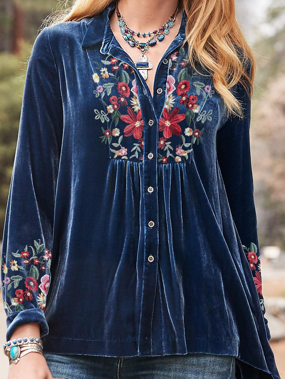 UR Floral Pattern Buttoned Shirred Panel Velvet Blouse