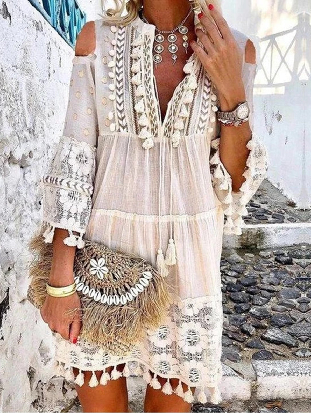 Women's Elegant Lace Fringe Stitching Shift Dress