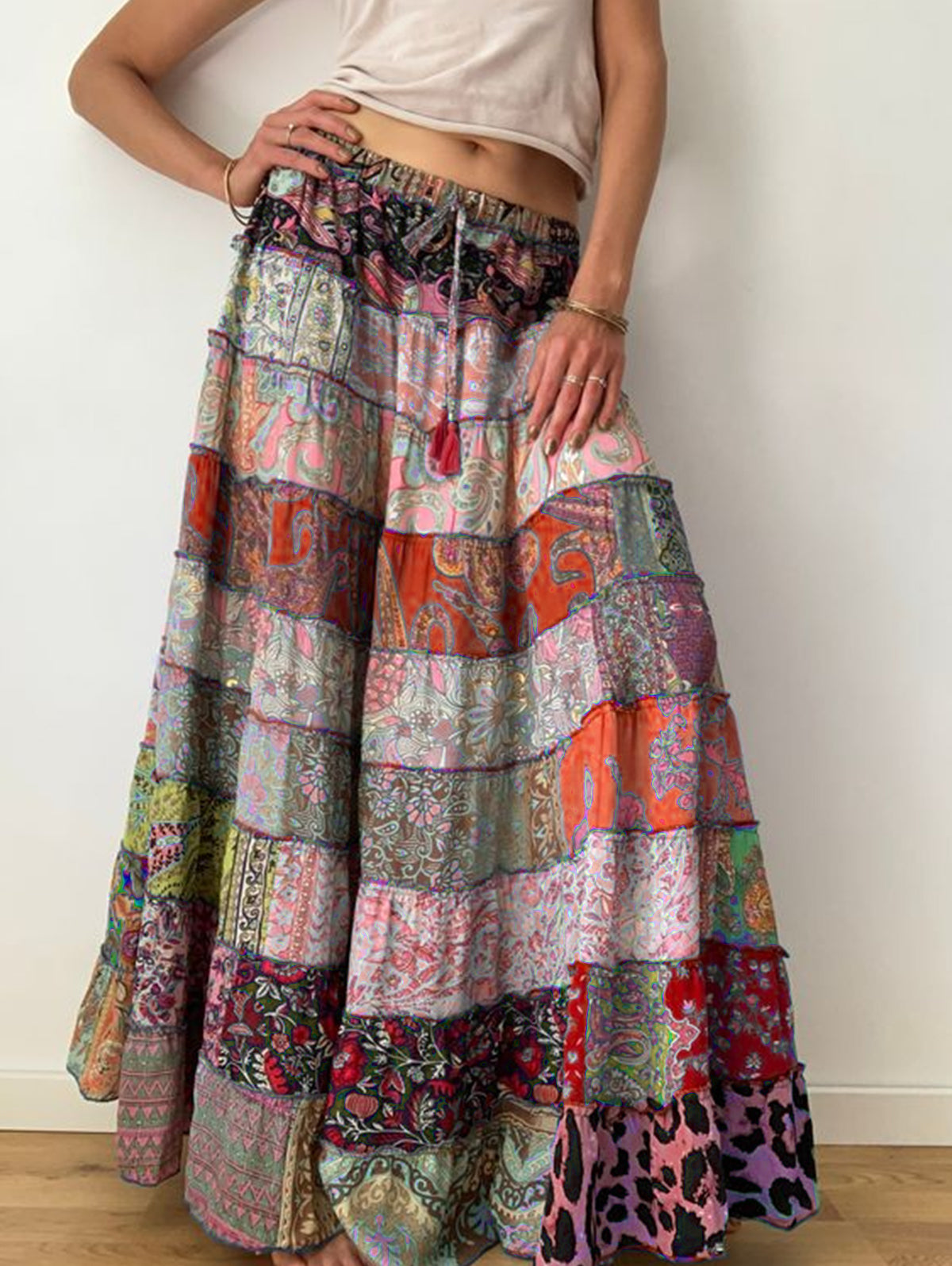 Bohemian Patchwork Elastic Waist Big Swing Maxi Tiered Skirt