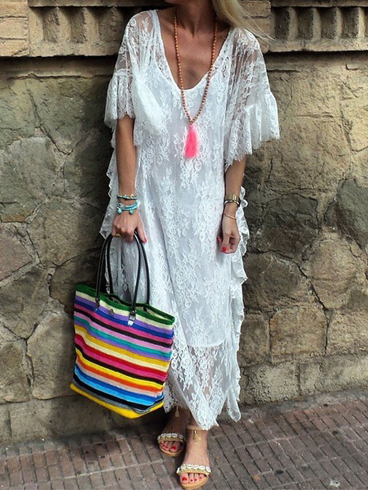 Fashion V Neck Lace Plain Short Flared Sleeve Maxi Dress