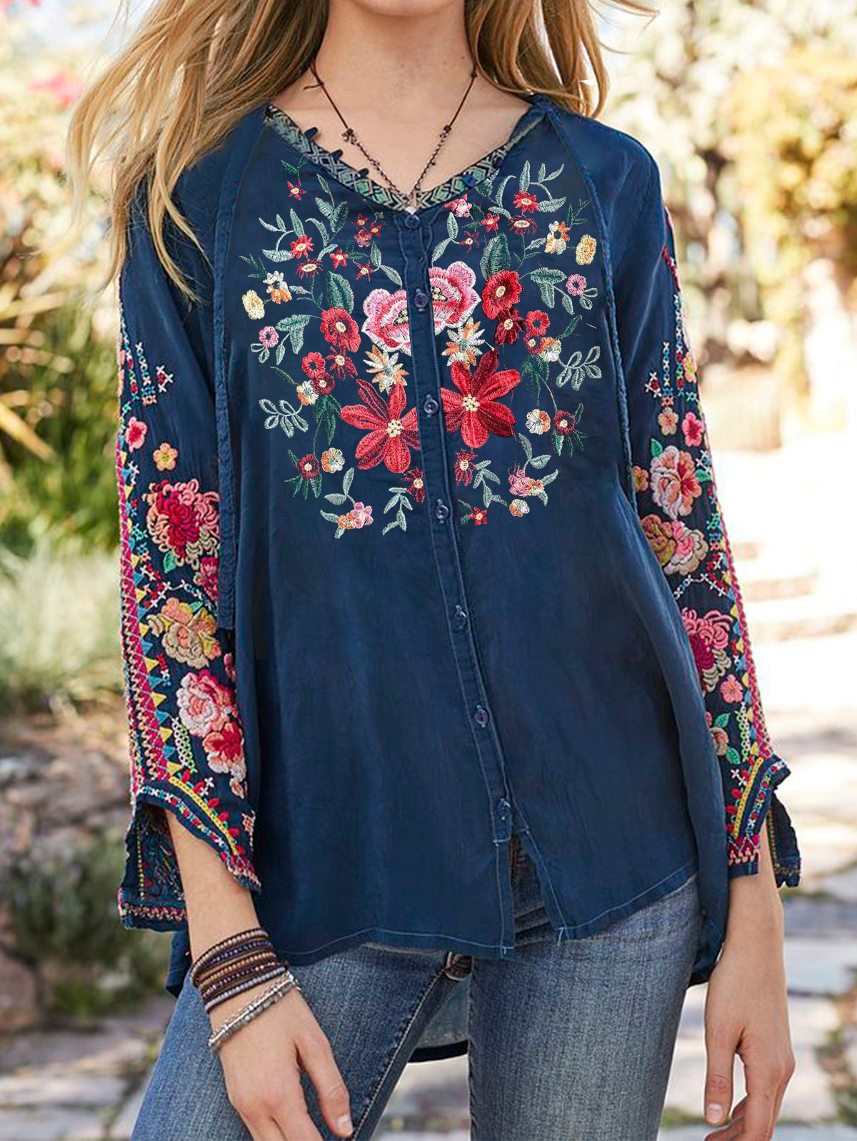 UR Floral Notched Cuff Button Up Blouse