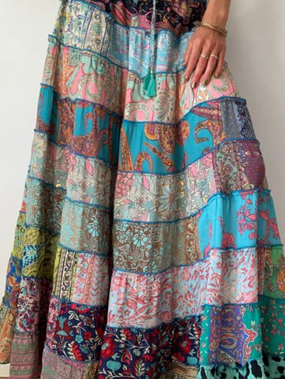 Bohemian Patchwork Elastic Waist Big Swing Maxi Tiered Skirt