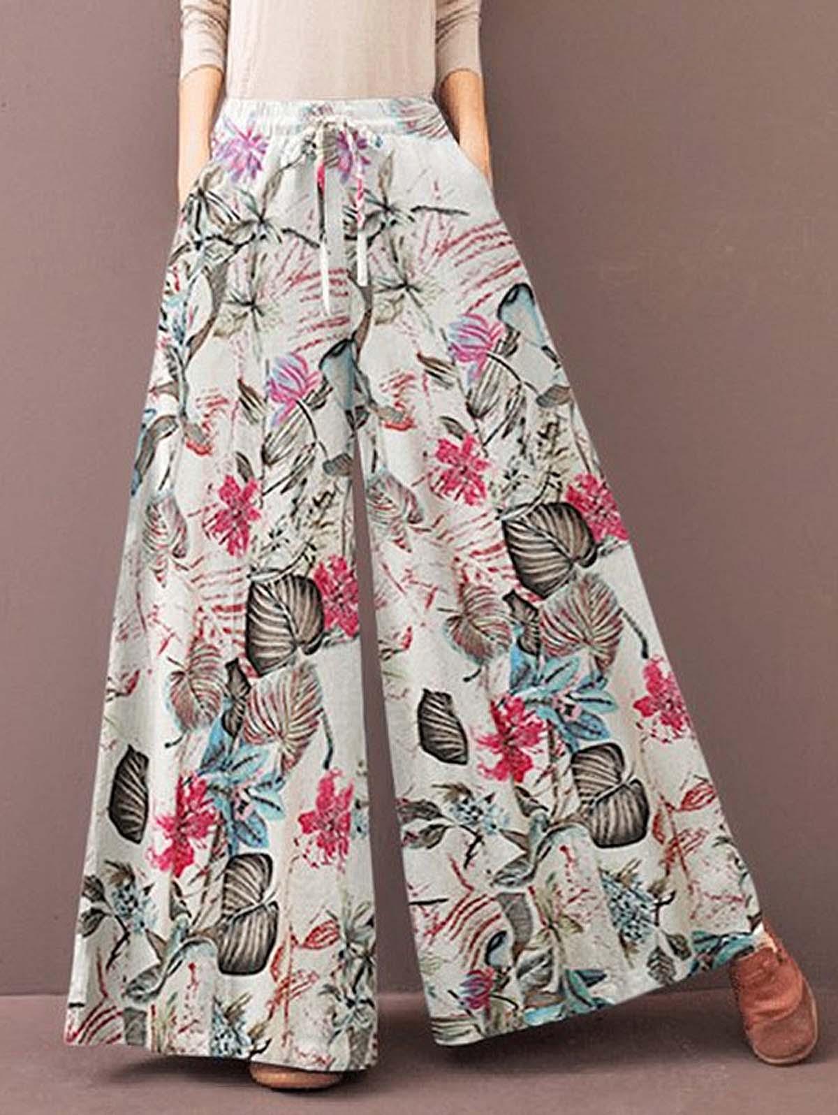 Floral Print Drawstring Casual Wide Leg Pants