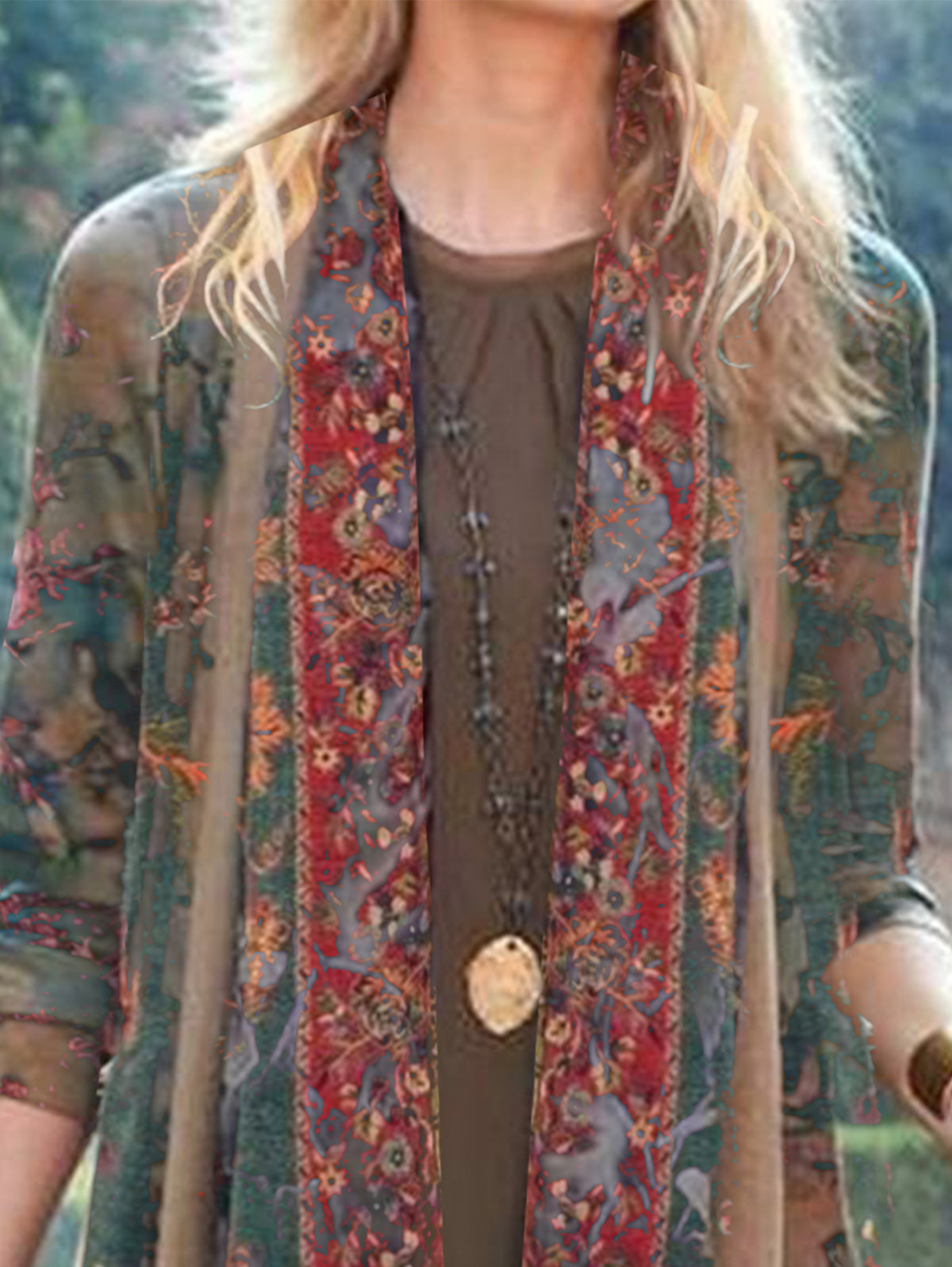 UR Ethnic Style Printed Long Sleeve Irregular Hem Cardigan