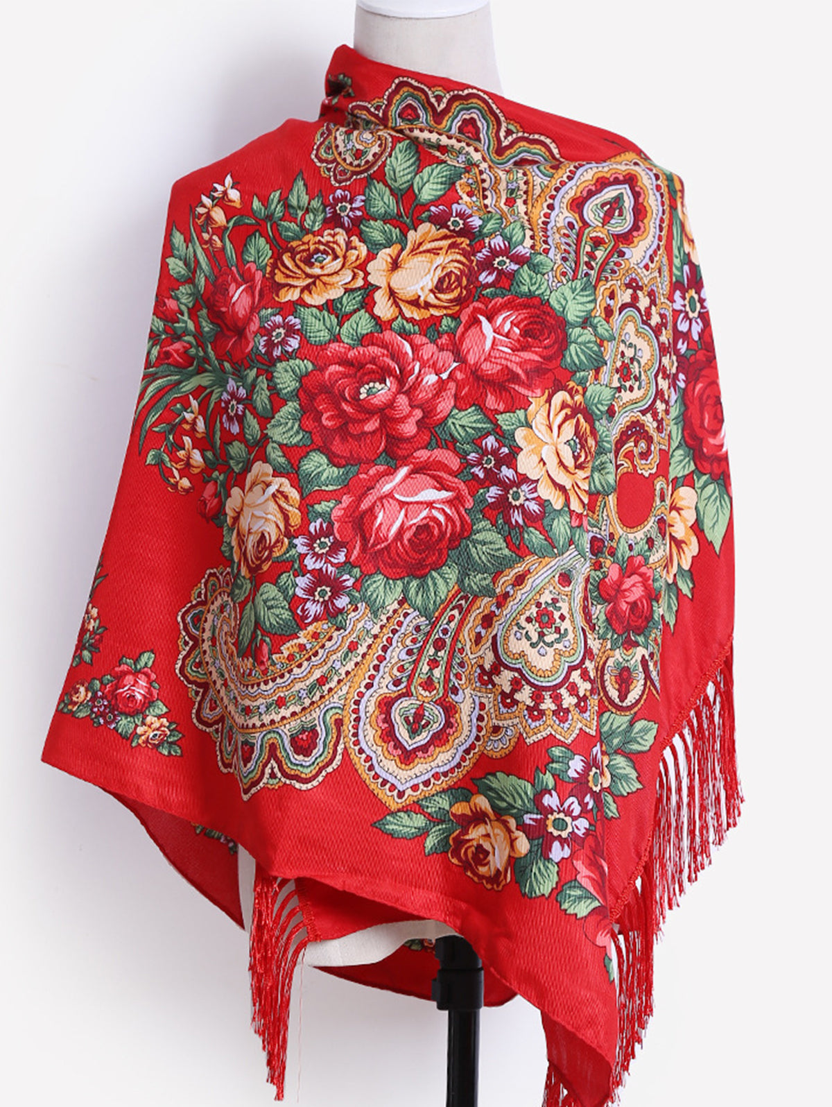 Floral Fringed Trim Ethnic Thermal Scarf