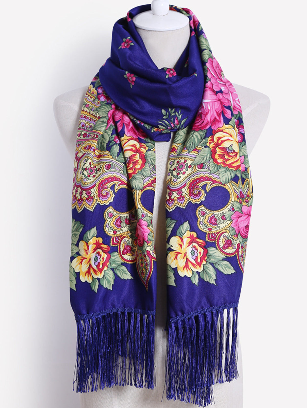 Floral Fringed Trim Ethnic Thermal Scarf