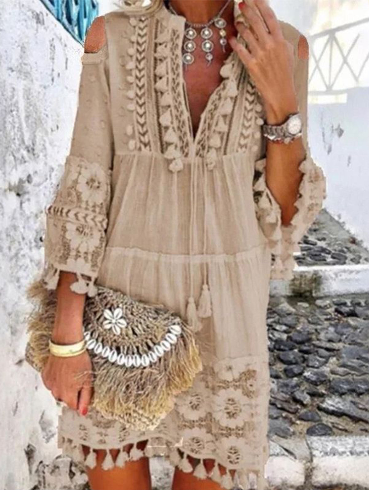 Women's Elegant Lace Fringe Stitching Shift Dress