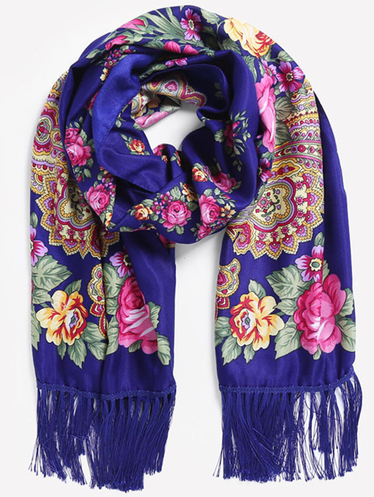 Floral Fringed Trim Ethnic Thermal Scarf