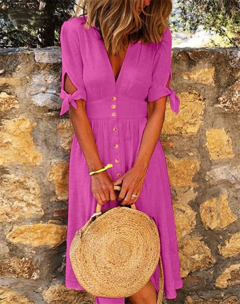 Casual Plain Deep V Neck Short Sleeve Tunic Dress