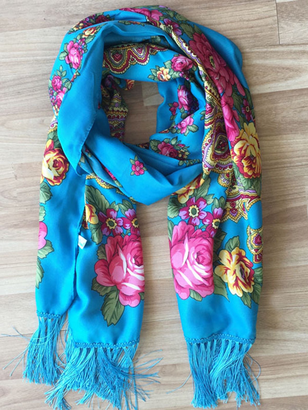 Floral Fringed Trim Ethnic Thermal Scarf