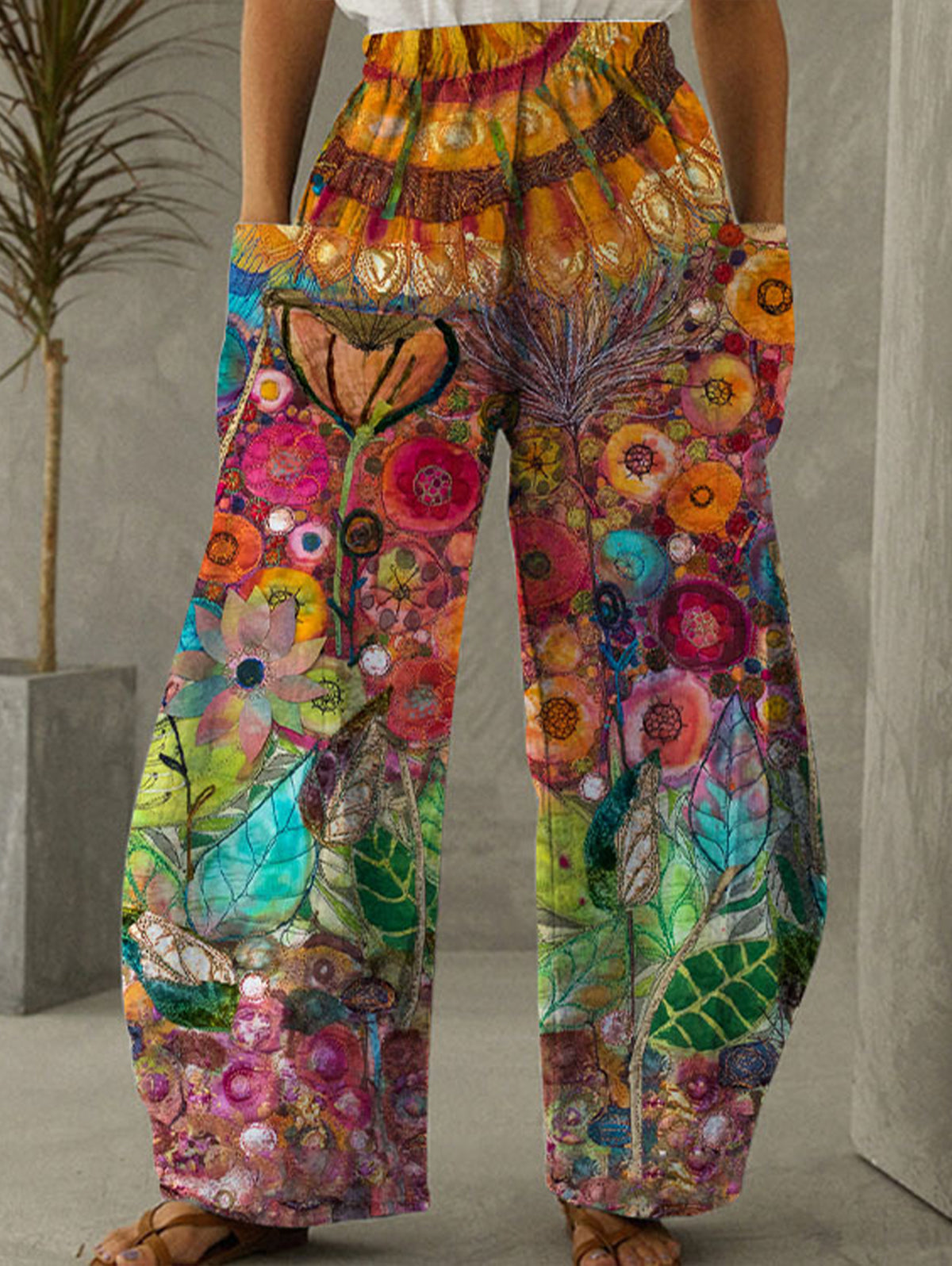 Elastic Waist Allover Print Wide Leg Pants