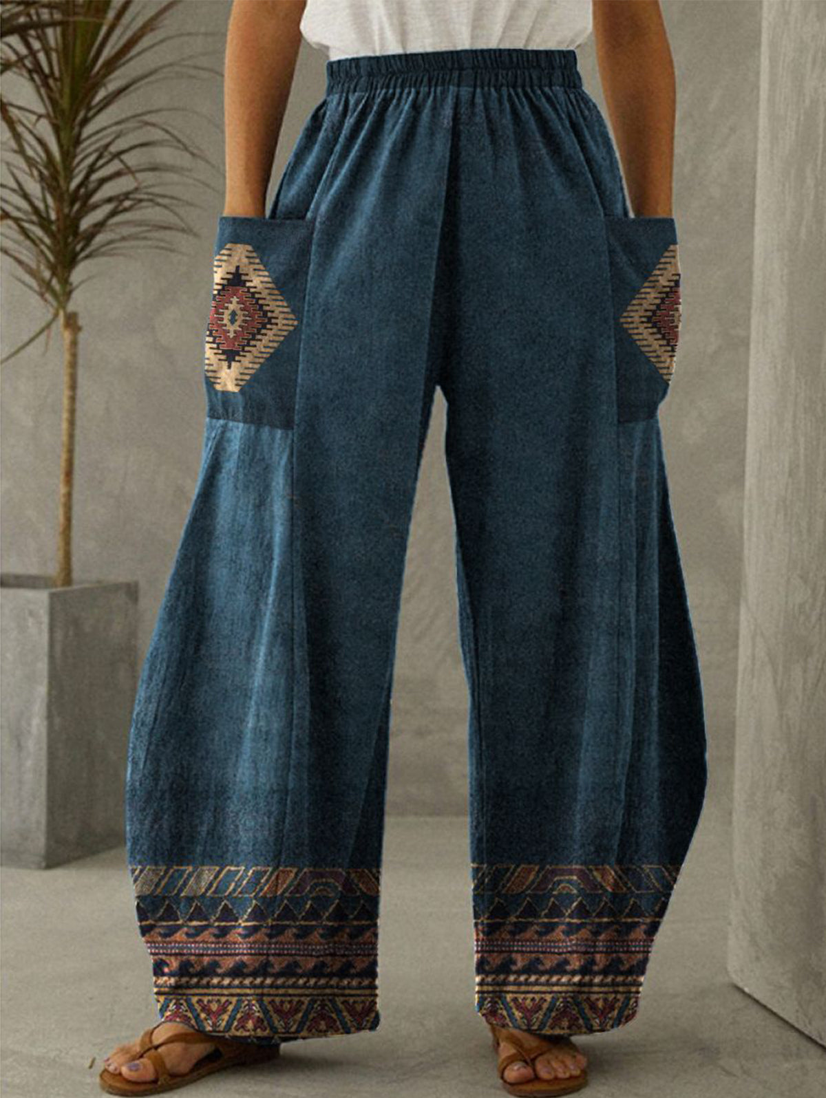 Elastic Waist Patch Pocket Wide Leg Ethnic Style Pants