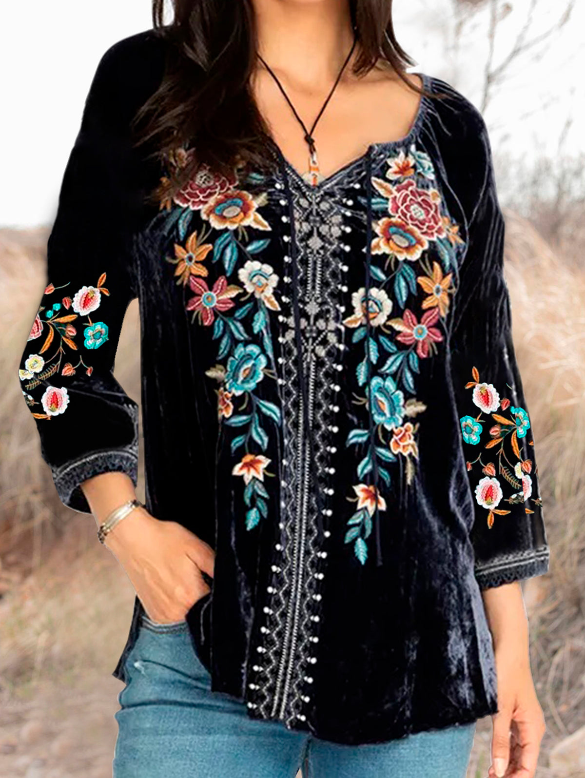 UR Floral Gathered Neck Drawstring Velvet Blouse