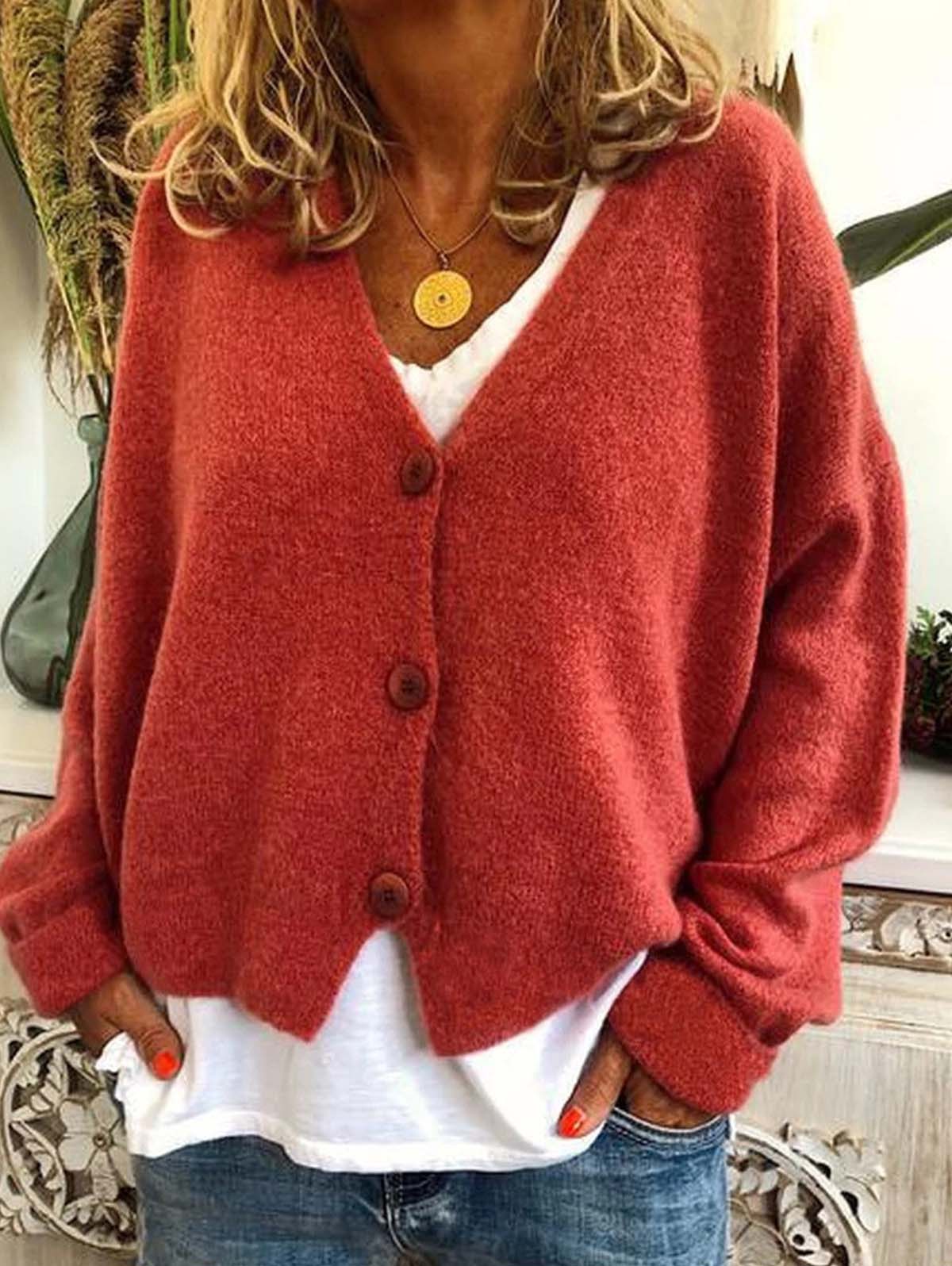 Solid Color Drop Shoulder Single-breasted Knitted Coat