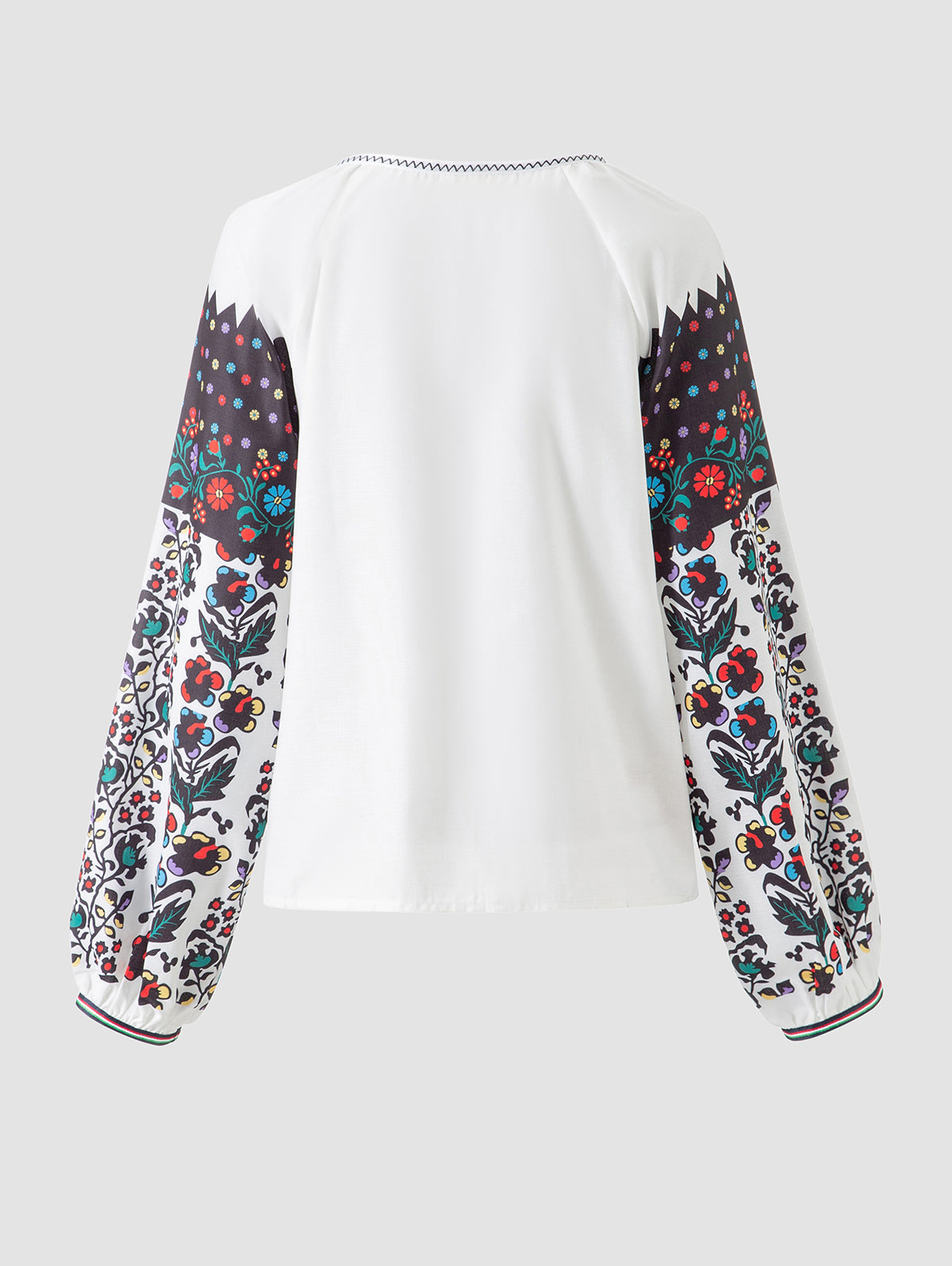 Notched Neck Floral Lantern Sleeve Blouse