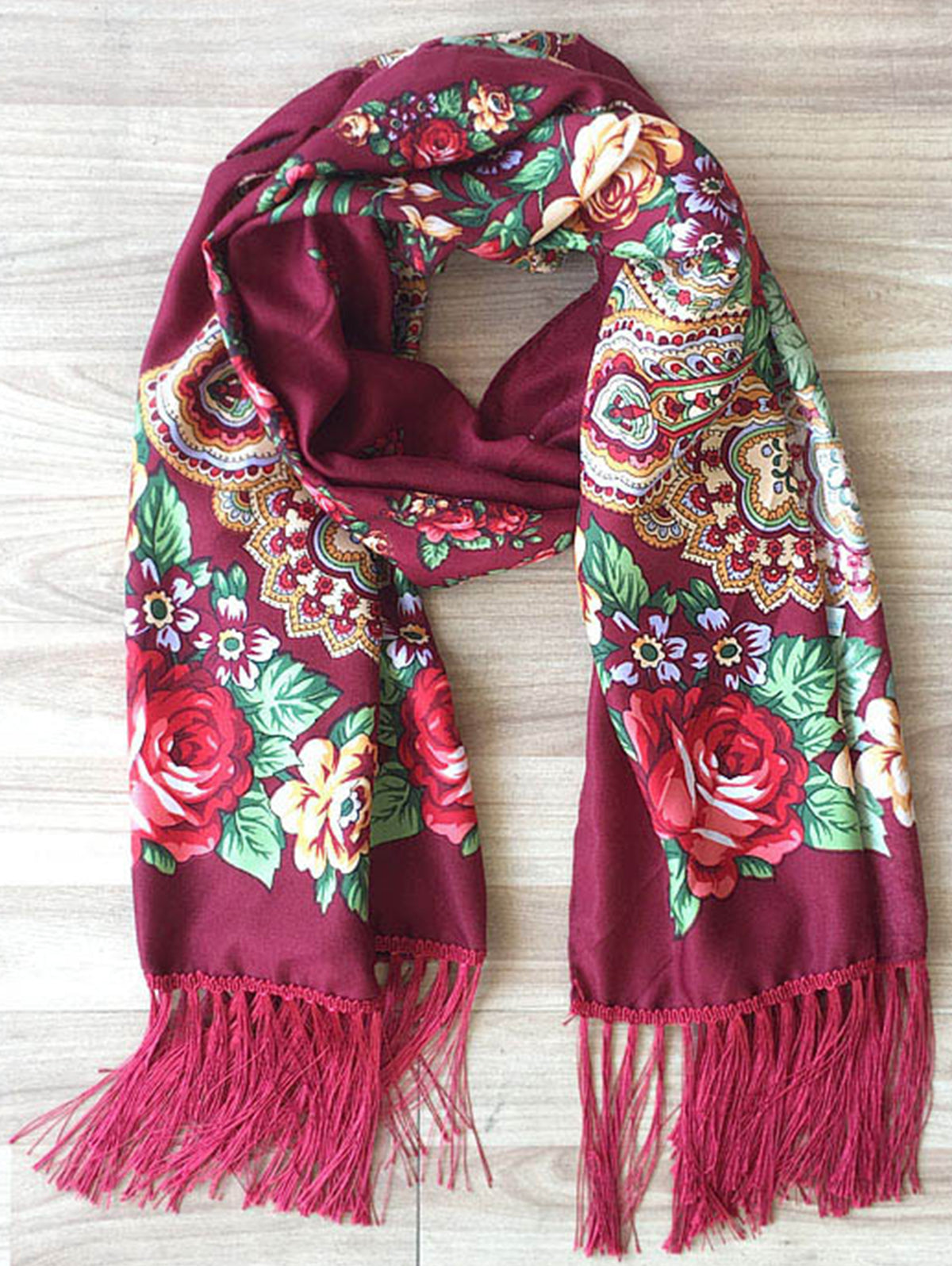 Floral Fringed Trim Ethnic Thermal Scarf