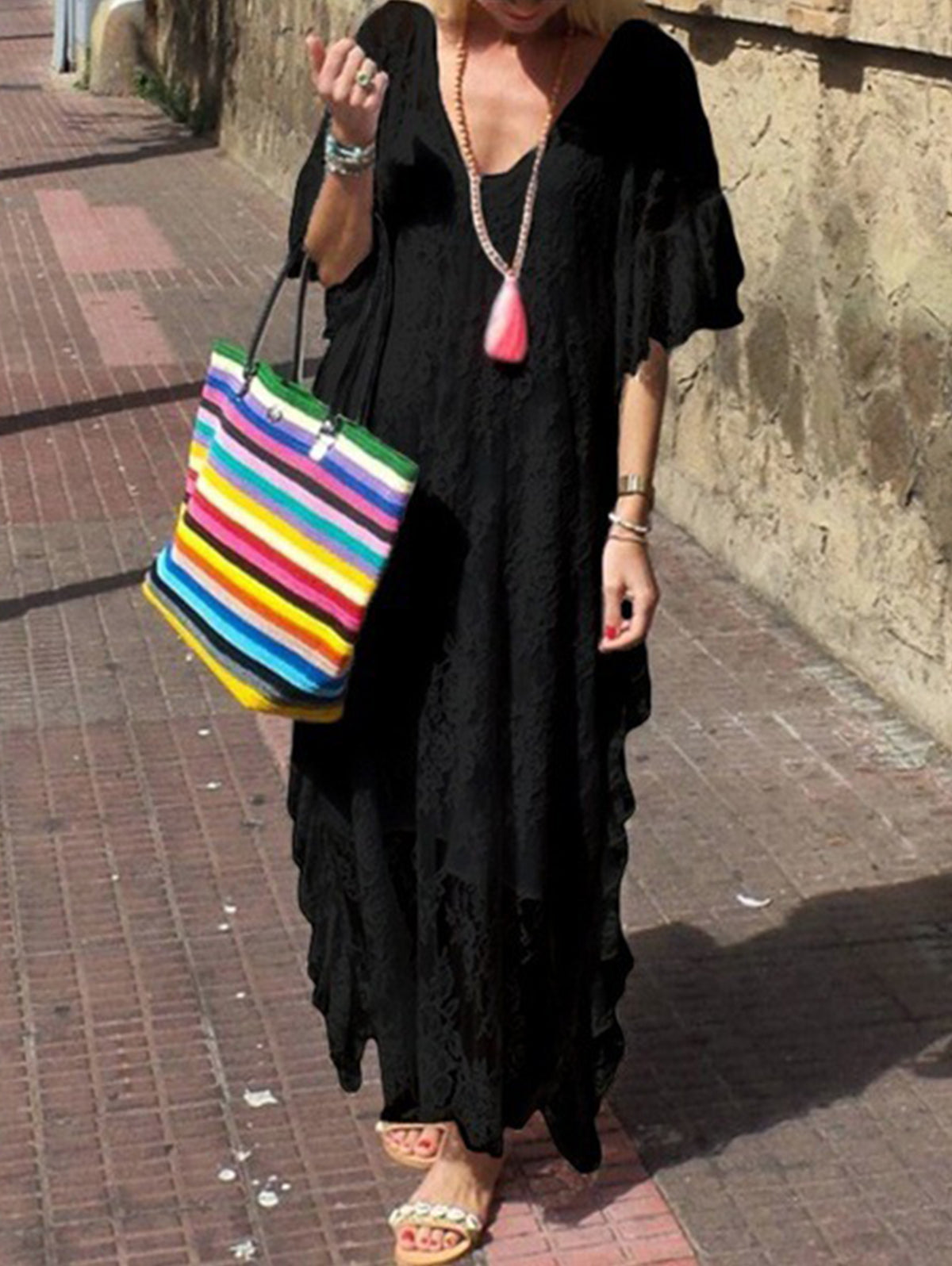 Fashion V Neck Lace Plain Short Flared Sleeve Maxi Dress