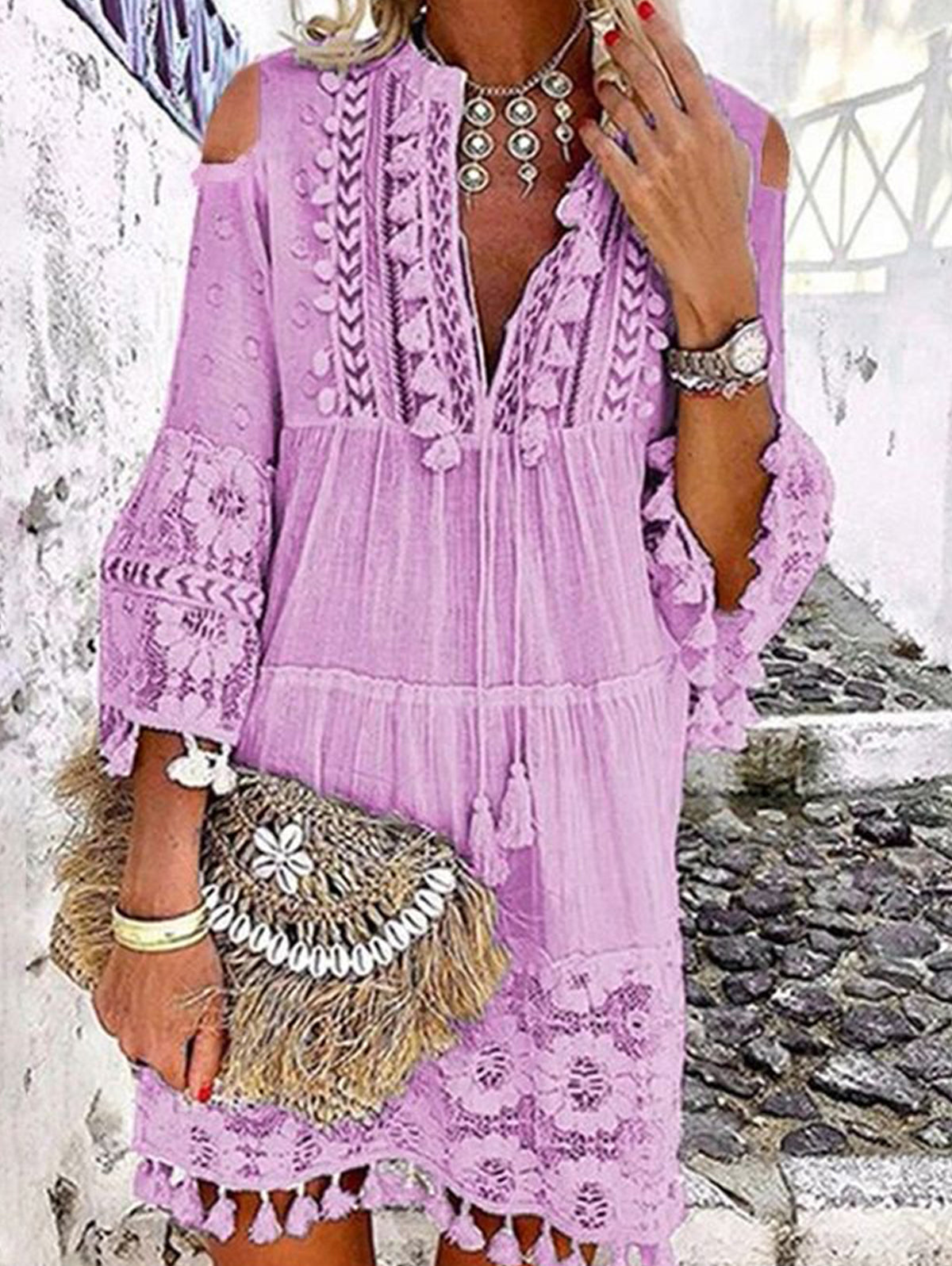 Women's Elegant Lace Fringe Stitching Shift Dress