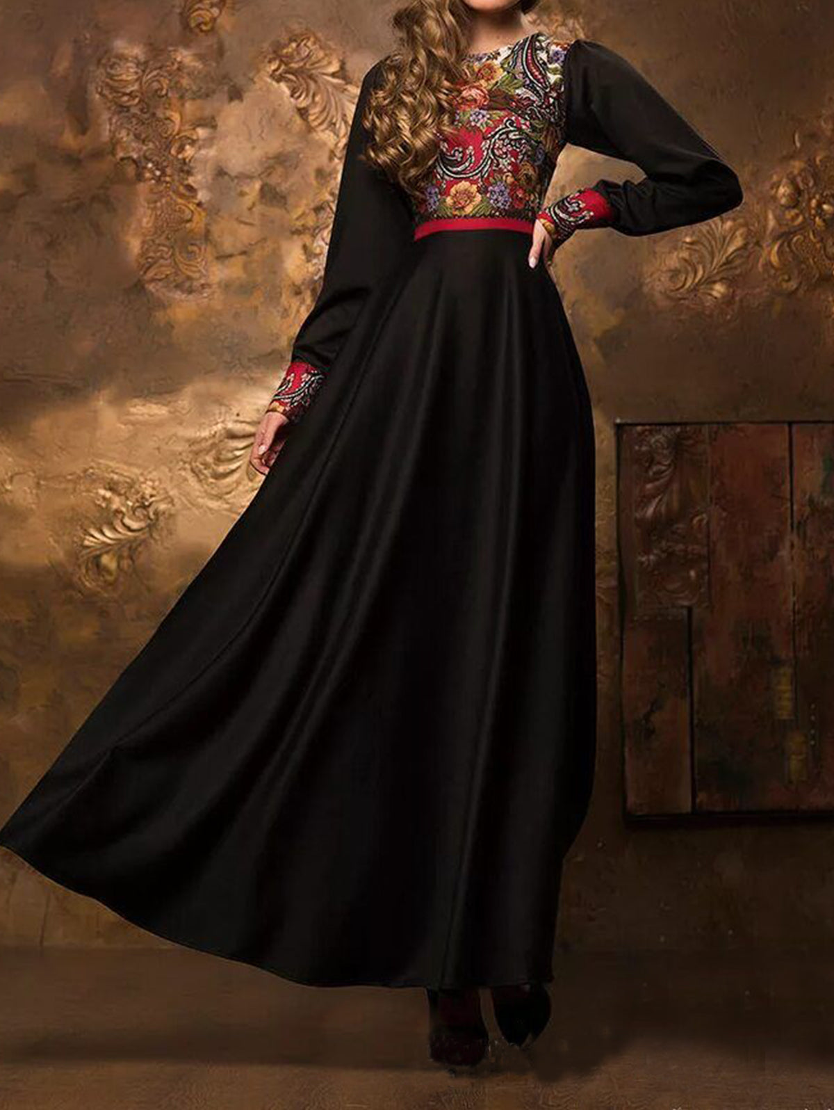 Elegant Ethnic Crew Neck High Waist Maxi Dress