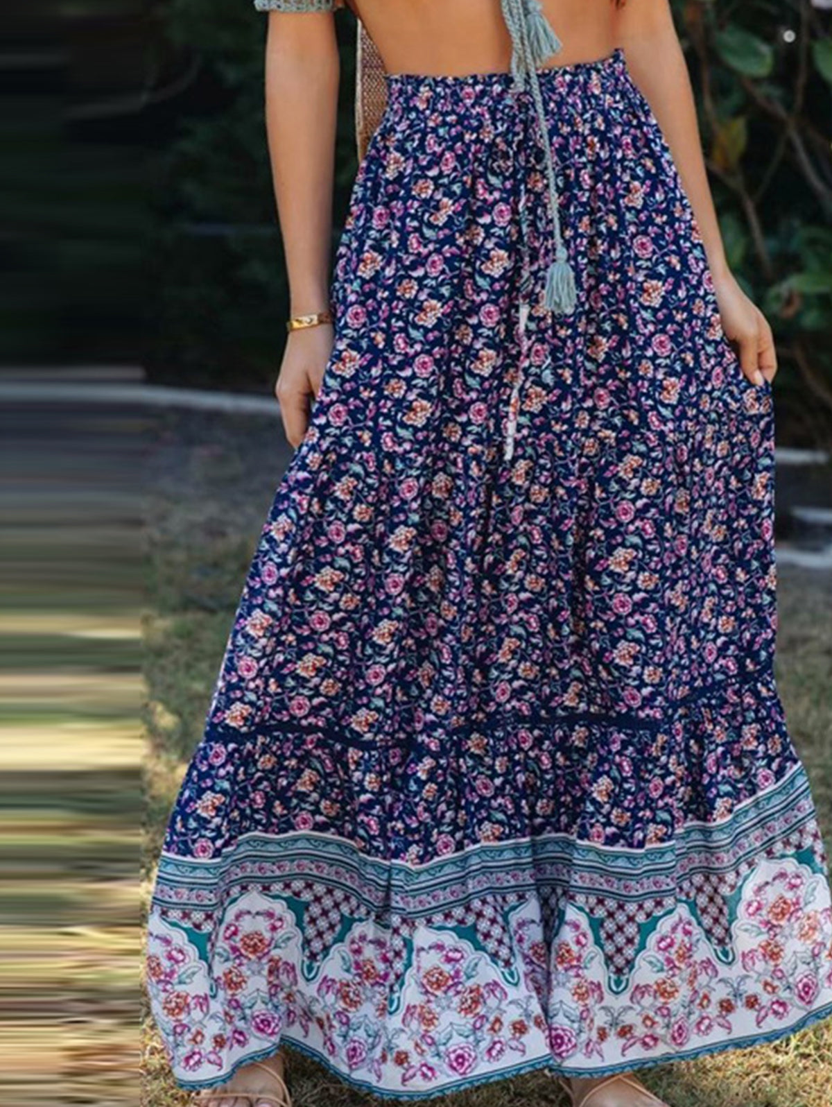 Bohemian Floral Print Large Hem Skirt